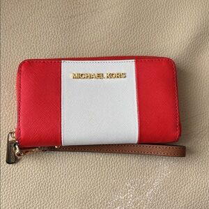Michael Kors Orange and White Wristlet w Brown Strap